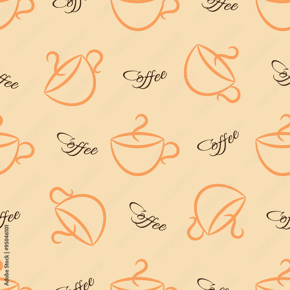 Coffee text seamless pattern. Beige word background. Wrapping paper, label for bar, cafe or restaurant.