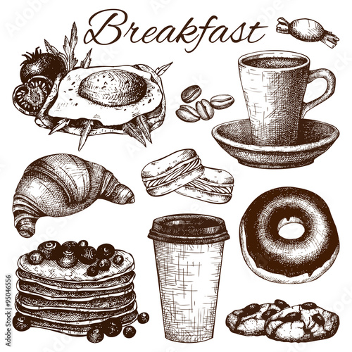 breakfast food sketch set. vector food illustration