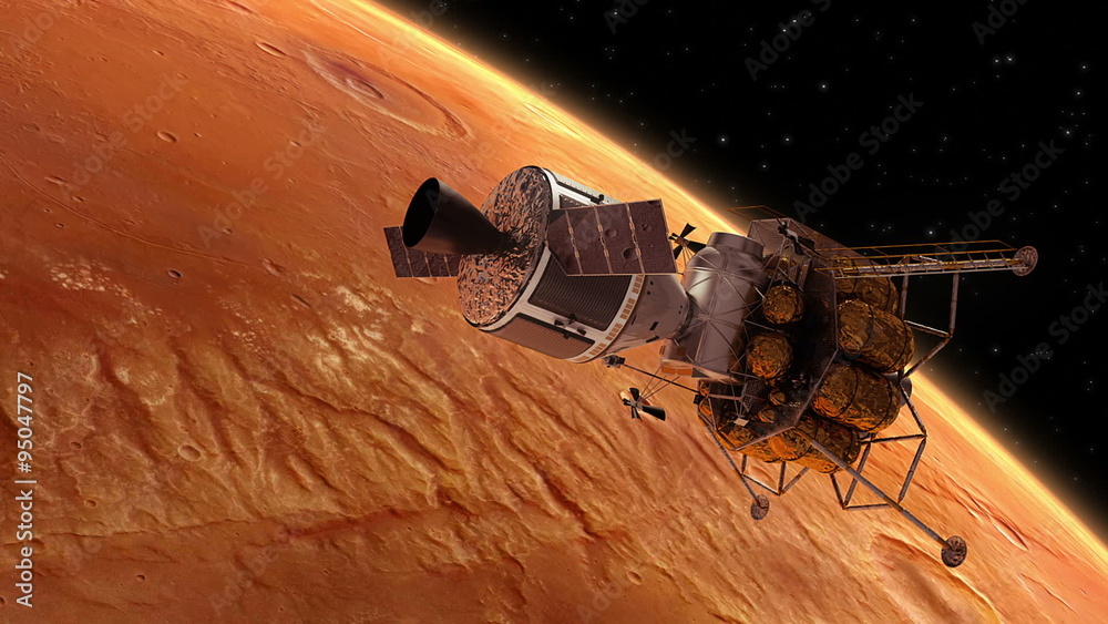 Interplanetary Space Station Orbiting Planet Mars. 3D Animation.