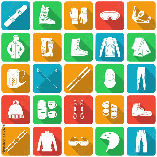 Set of equipment, cloth and shoes for winter kind of sports. Snowbord, mountain skies, cross country skies. Special protection cloth and shoes. Flat long shadow design. Ski icons series.