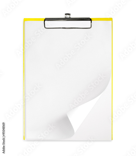 Clipboard with blank paper sheet isolated on white