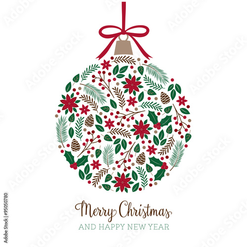 Holiday Bauble with winter foliage. Vector.