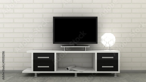 Empty LED TV on television shelf in classic interior background with white brick wall and concrete floor. Copy space image. 3d render