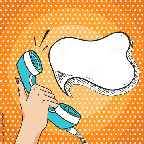 Answering phone pop art vector illustration in comic style, hand holding retro phone with speech bubble