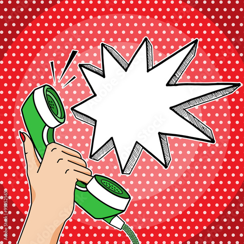 Retro pop art vector hand holding telephone with empty think bubble for your text, answering phone comic style illustration.