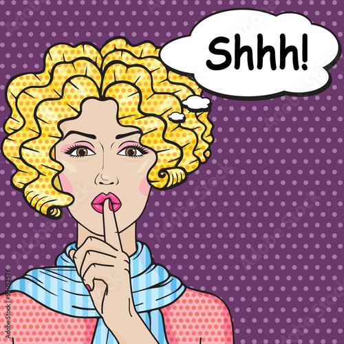 Retro girl says Shhh pop art comics style. Vector blond curly woman putting her forefinger on lips for quiet silence. Shhh gesture.