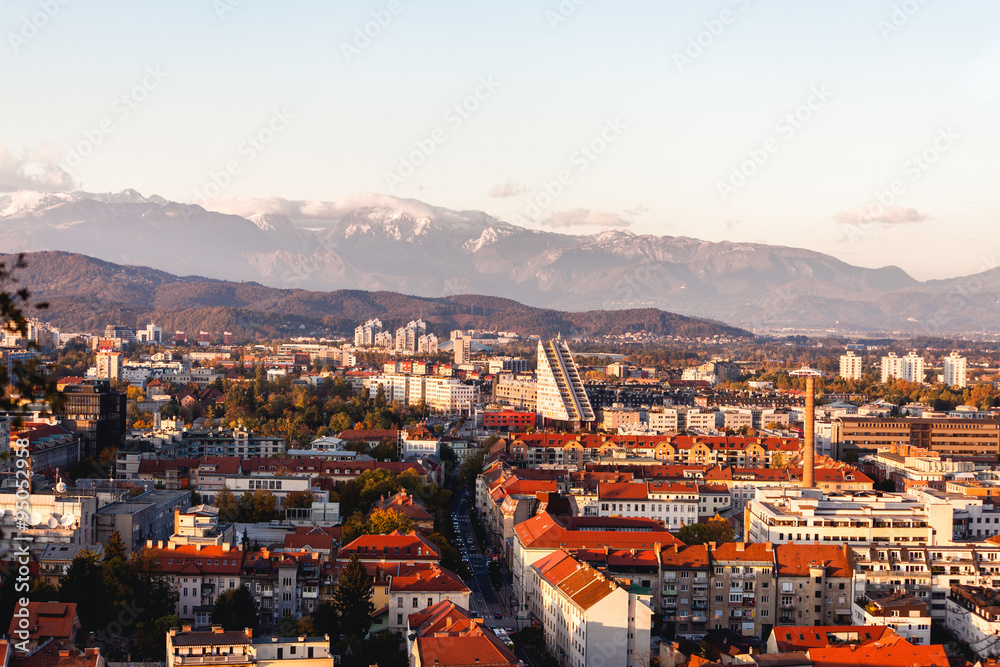 Aerial view on town Ljubljana, Slovenia and mountains