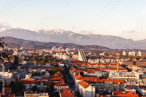 Aerial view on town Ljubljana, Slovenia and mountains © at_shoots