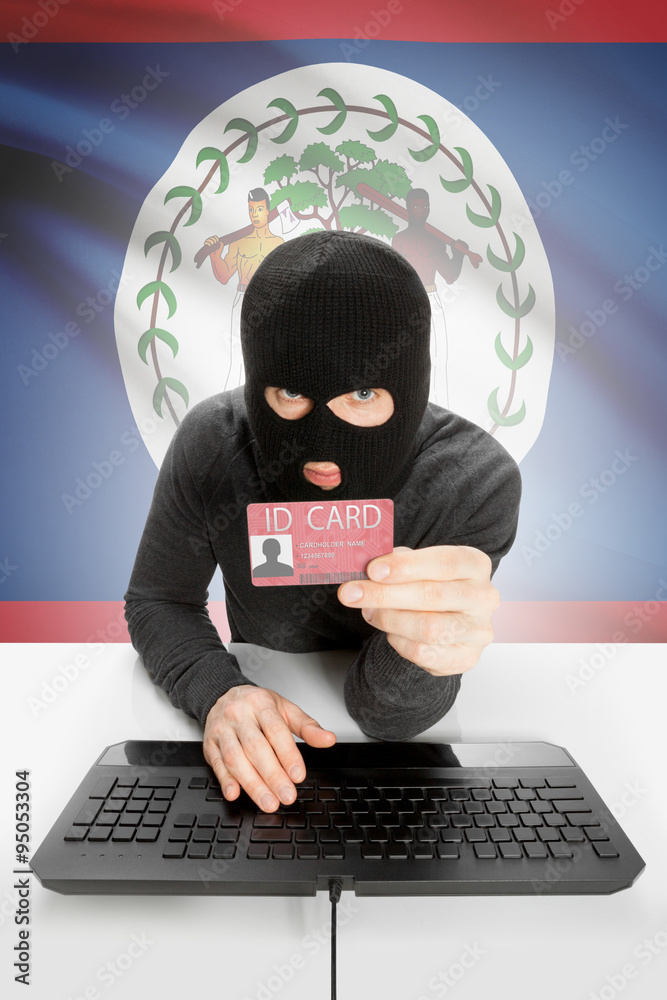 Hacker with flag on background holding ID card in hand - Belize Hacker with flag on background holding ID card in hand - Belize