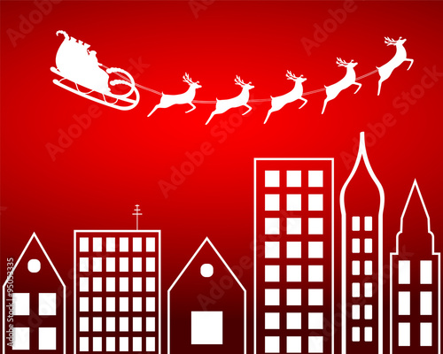 Santa Claus flies reindeer in harness over city