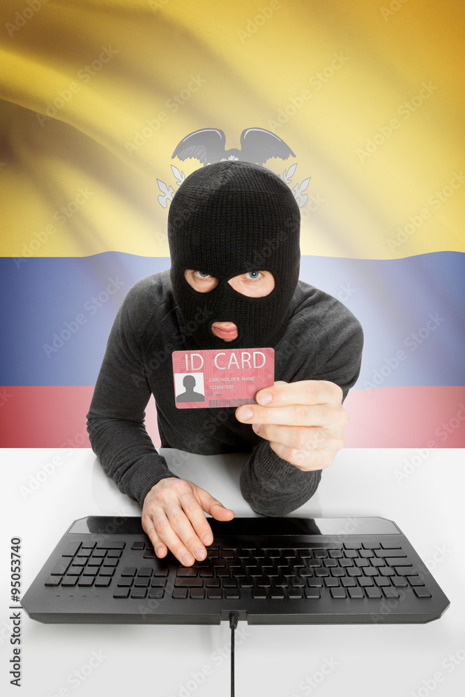 Hacker with flag on background holding ID card in hand - Ecuador Hacker with flag on background holding ID card in hand - Ecuador