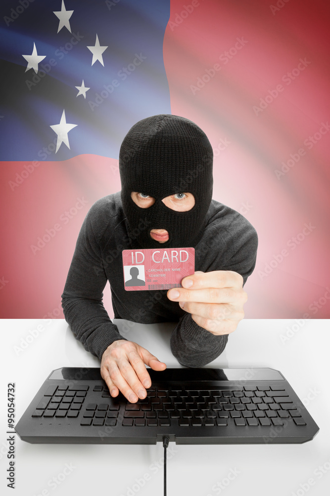 Hacker with flag on background holding ID card in hand - Samoa Hacker with flag on background holding ID card in hand - Samoa
