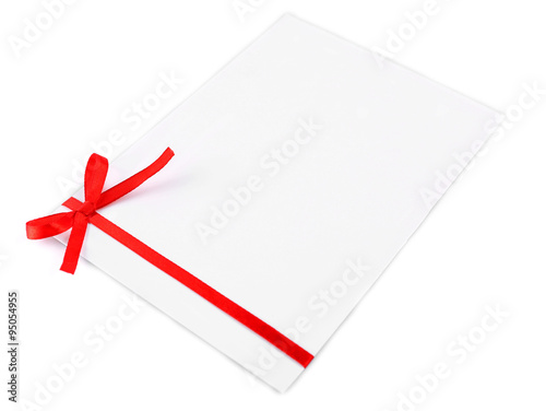 Card decorated with bow isolated on white