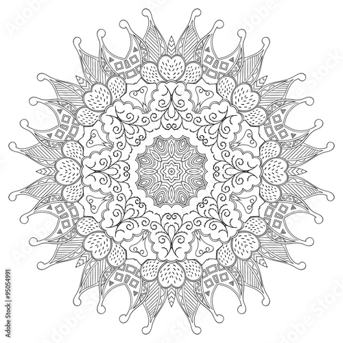 Mehndi mandala tracery wheel design. Handmade natural mood texture. Paisley, winding stem, lotus flower, bud mehndi doodle. Curved lines, doodling design. Good for plates, dish, tableware. photo