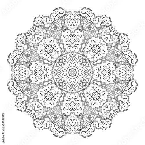 Mehndi mandala tracery wheel design. Handmade natural mood texture. Paisley, winding stem, lotus flower, bud mehndi doodle. Curved lines, doodling design. Good for plates, dish, tableware. photo