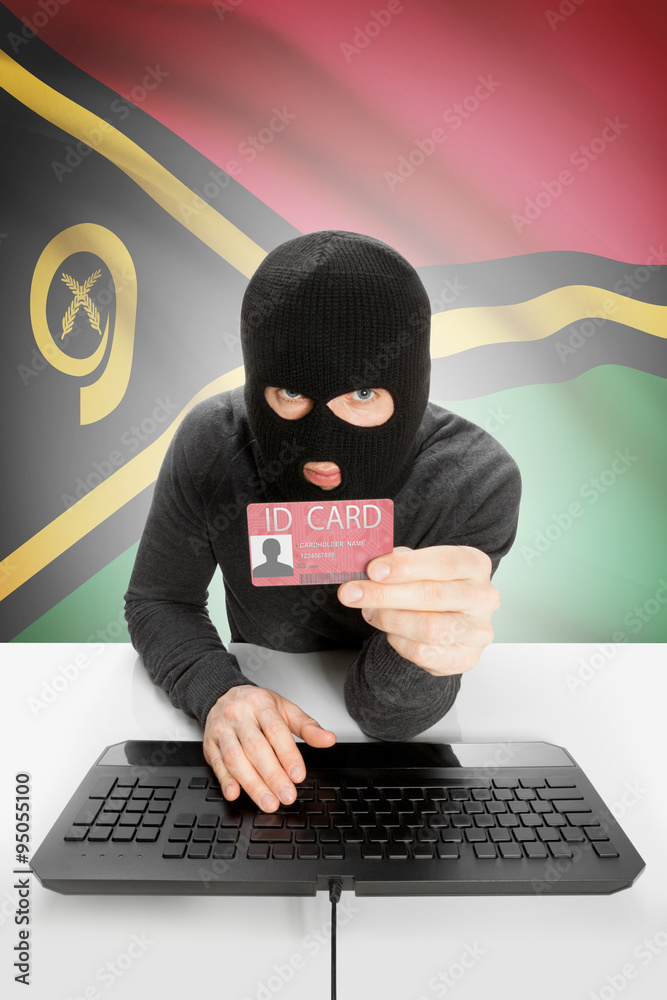 Hacker with flag on background holding ID card in hand - Vanuatu Hacker with flag on background holding ID card in hand - Vanuatu