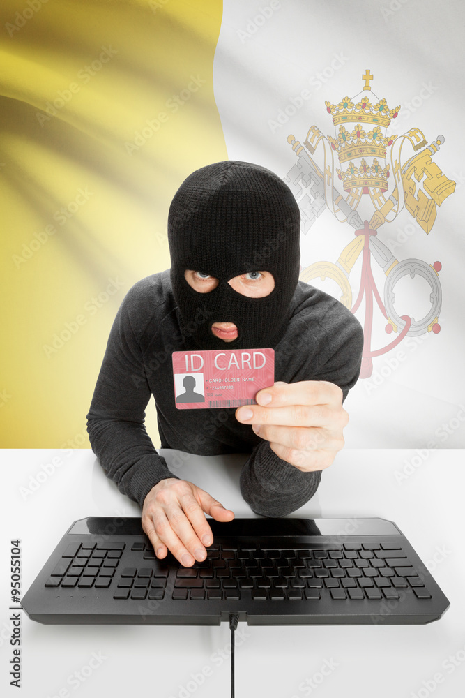 Hacker with flag on background holding ID card in hand - Vatican City State Hacker with flag on background holding ID card in hand - Vatican City State