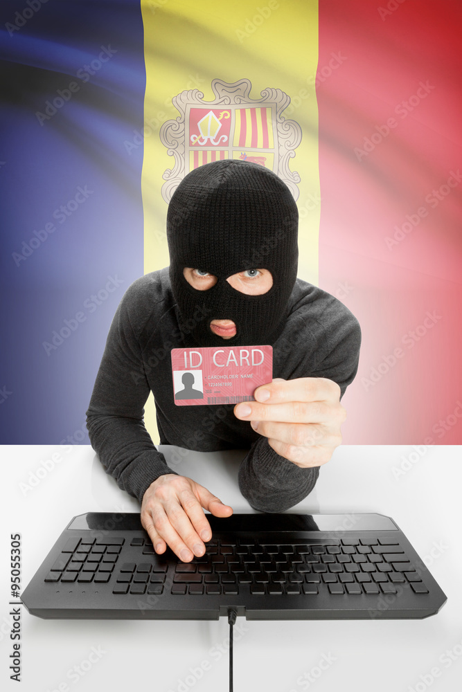 Hacker with flag on background holding ID card in hand - Andorra Hacker with flag on background holding ID card in hand - Andorra