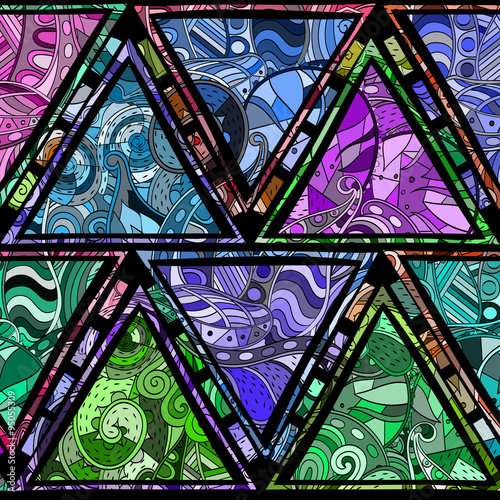 Tracery loops, doodle wind pattern in the style of stained glass. Mehendi paisley, stem, spiral, wave, bud mehndi design. Handmade doodling design. For site background, printing. Vector.