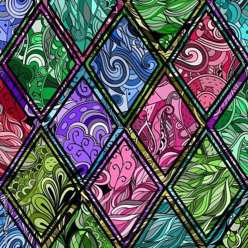 Tracery loops, doodle wind pattern in the style of stained glass. Mehendi paisley, stem, spiral, wave, bud mehndi design. Handmade doodling design. For site background, printing. Vector.