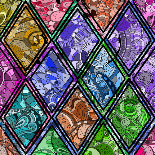 Tracery loops, doodle wind pattern in the style of stained glass. Mehendi paisley, stem, spiral, wave, bud mehndi design. Handmade doodling design. For site background, printing. Vector.
