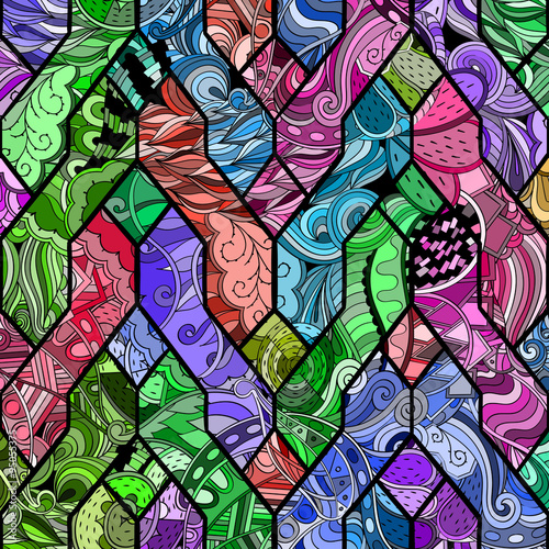 Tracery loops, doodle wind pattern in the style of stained glass. Mehendi paisley, stem, spiral, wave, bud mehndi design. Handmade doodling design. For site background, printing. Vector.