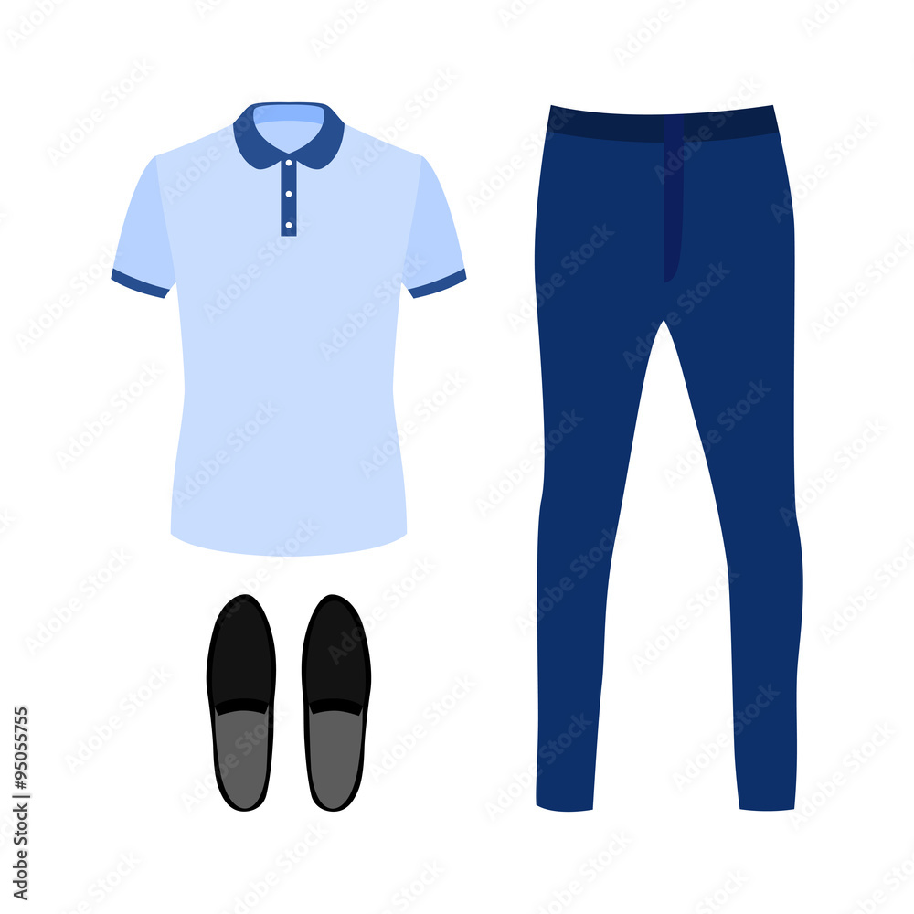 Set of trendy men's clothes with polo shirt, jeans and moccasins. Men's wardrobe. Vector illustration Set of trendy men's clothes with polo shirt, jeans and moccasins. Men's wardrobe. Vector illustration
