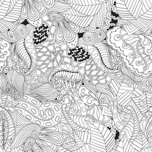 Tracery seamless, loops, doodle wind pattern. Paisley, winding stem, spiral, wave, bud mehndi design. Handmade texture, curved, black and white. Good for site background, textile, printing. Vector.