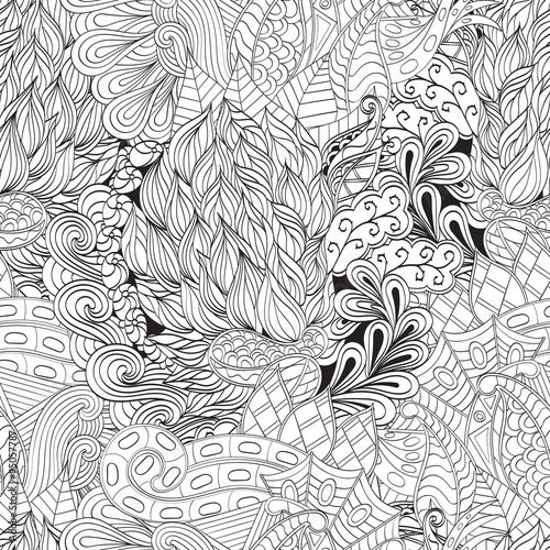 Tracery seamless, loops, doodle wind pattern. Paisley, winding stem, spiral, wave, bud mehndi design. Handmade texture, curved, black and white. Good for site background, textile, printing. Vector.