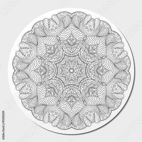 Mehndi mandala tracery wheel design. Handmade natural mood texture. Paisley, winding stem, bud mehendi doodle. Curved lines, doodling design. Good for plates, dish, tableware. Vector.