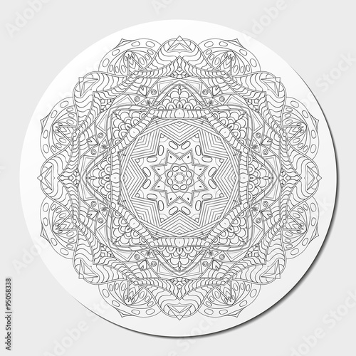 Mehndi mandala tracery wheel design. Handmade natural mood texture. Paisley, winding stem, bud mehendi doodle. Curved lines, doodling design. Good for plates, dish, tableware. Vector.