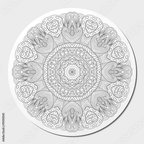 Mehndi mandala tracery wheel design. Handmade natural mood texture. Paisley, winding stem, bud mehendi doodle. Curved lines, doodling design. Good for plates, dish, tableware. Vector.