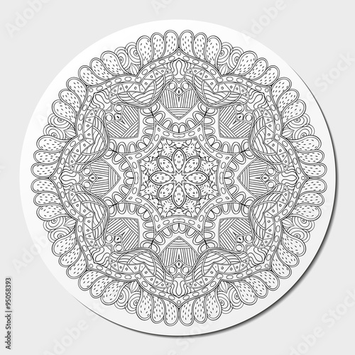 Mehndi mandala tracery wheel design. Handmade natural mood texture. Paisley, winding stem, bud mehendi doodle. Curved lines, doodling design. Good for plates, dish, tableware. Vector.