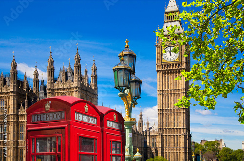 Red British telephone box in front of Big Ben, London photo