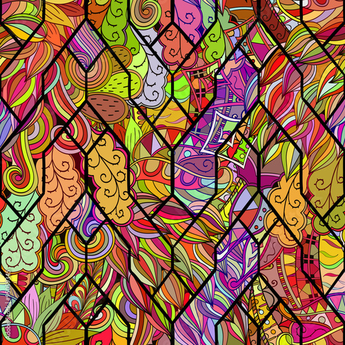 Tracery calming pattern. Mehendi design. Neat even colorful harmonious doodle texture in the style of stained glass. Algae sea motif. Ambitious bracing usable, curved doodling mehndi. Vector.