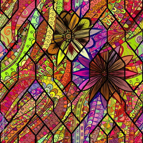Tracery calming pattern. Mehendi design. Neat even colorful harmonious doodle texture in the style of stained glass. Algae sea motif. Ambitious bracing usable, curved doodling mehndi. Vector.