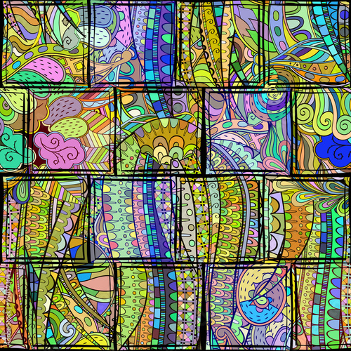 Tracery calming pattern. Mehendi design. Neat even colorful harmonious doodle texture in the style of stained glass. Algae sea motif. Ambitious bracing usable, curved doodling mehndi. Vector.