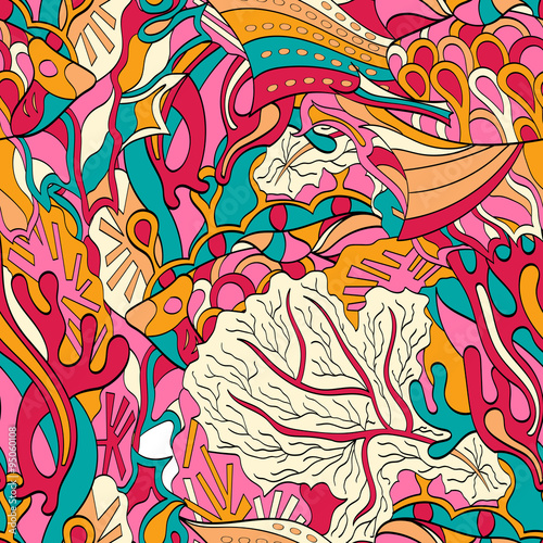 Tracery seamless calming orange pattern with blue, red. Mehendi design. Neat even harmonious doodle texture. Ambitious bracing usable, discreet curved doodling mehndi. Indifferent faded motif. Vector.