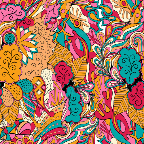 Tracery seamless calming orange pattern with blue, red. Mehendi design. Neat even harmonious doodle texture. Ambitious bracing usable, discreet curved doodling mehndi. Indifferent faded motif. Vector.