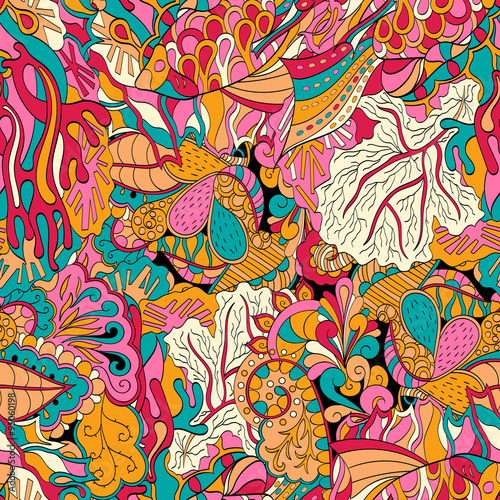 Tracery seamless calming orange pattern with blue, red. Mehendi design. Neat even harmonious doodle texture. Ambitious bracing usable, discreet curved doodling mehndi. Indifferent faded motif. Vector.