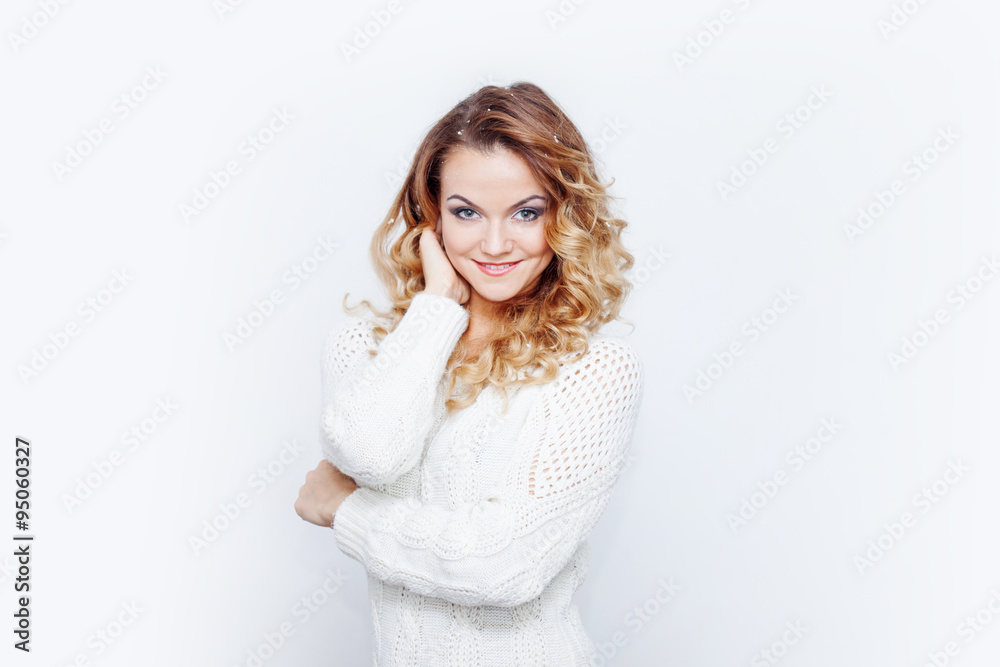 Woman in warm sweater, portrait on white background, place for your text Woman in warm sweater, portrait on white background, place for your text