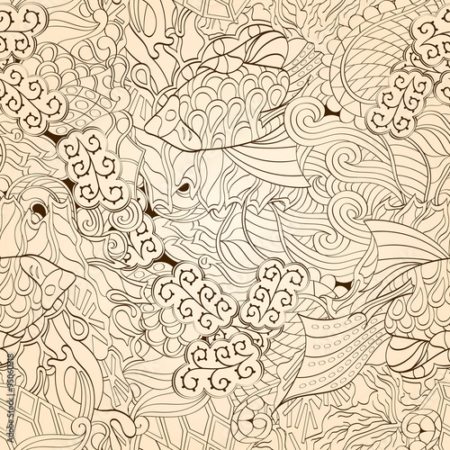 Tracery seamless calming pattern. Mehendi design. Neat even monochrome harmonious doodle texture. Algae sea motif. Indifferent ethnical. Ambitious bracing usable, curved doodling mehndi. Vector.