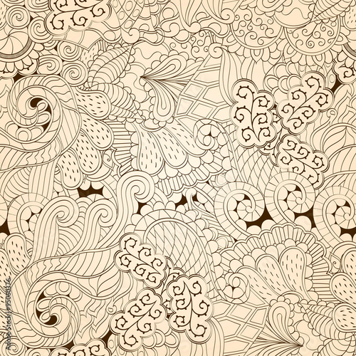 Tracery seamless calming pattern. Mehendi design. Neat even monochrome harmonious doodle texture. Algae sea motif. Indifferent ethnical. Ambitious bracing usable, curved doodling mehndi. Vector.