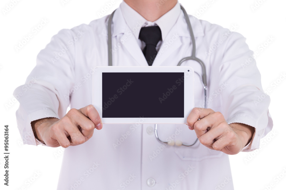 close-up doctor showing tablet computer blank screen close-up doctor showing tablet computer blank screen