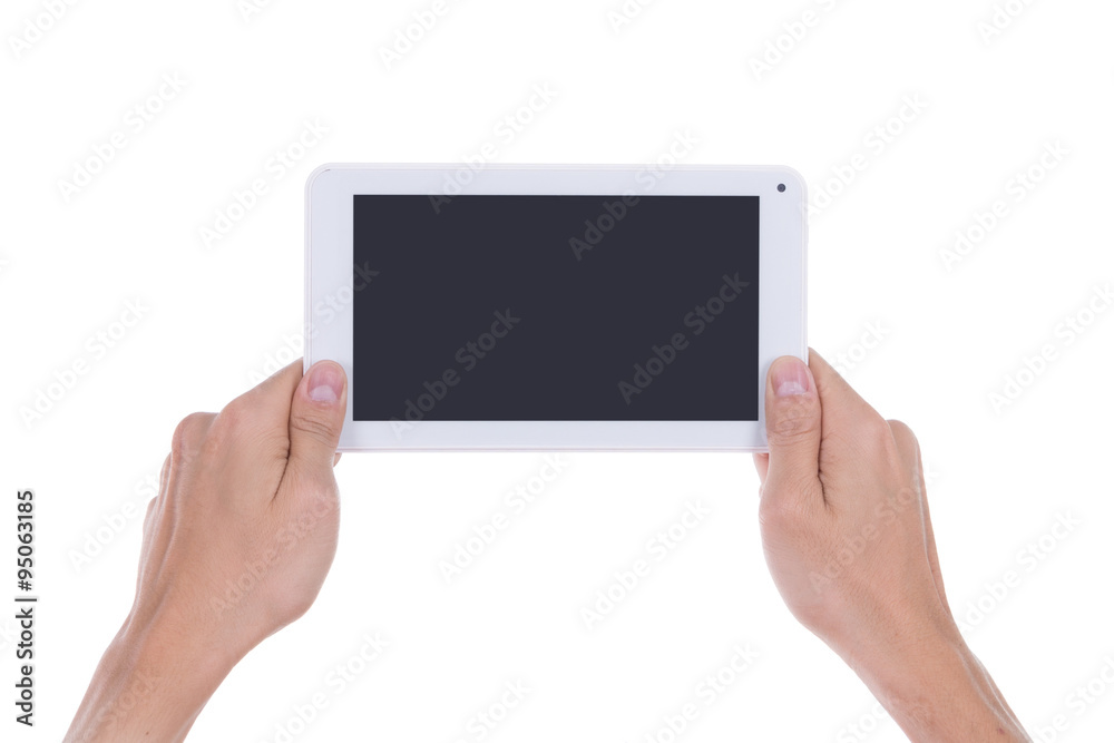 hand with small tablet computer blank screen hand with small tablet computer blank screen
