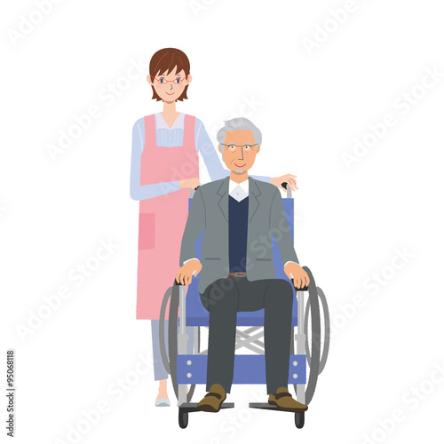 高齢者　車いす　イラスト　介護士