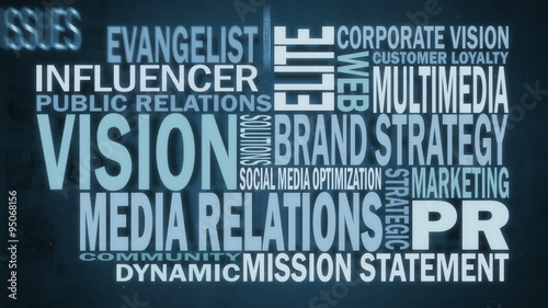 Fast-moving seamless looping animation of various marketing and PR buzzwords.