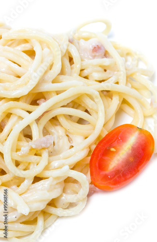 Close up of spaghetti carbonara.