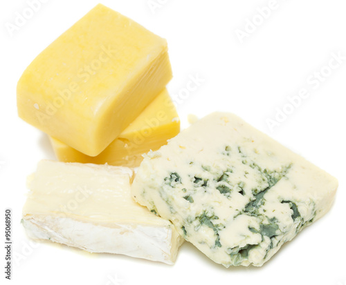 different type cheeses isolated on white background