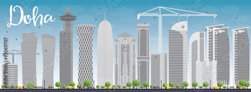 Doha skyline with grey skyscrapers and blue sky. Vector eps 10 illustration with transparent details